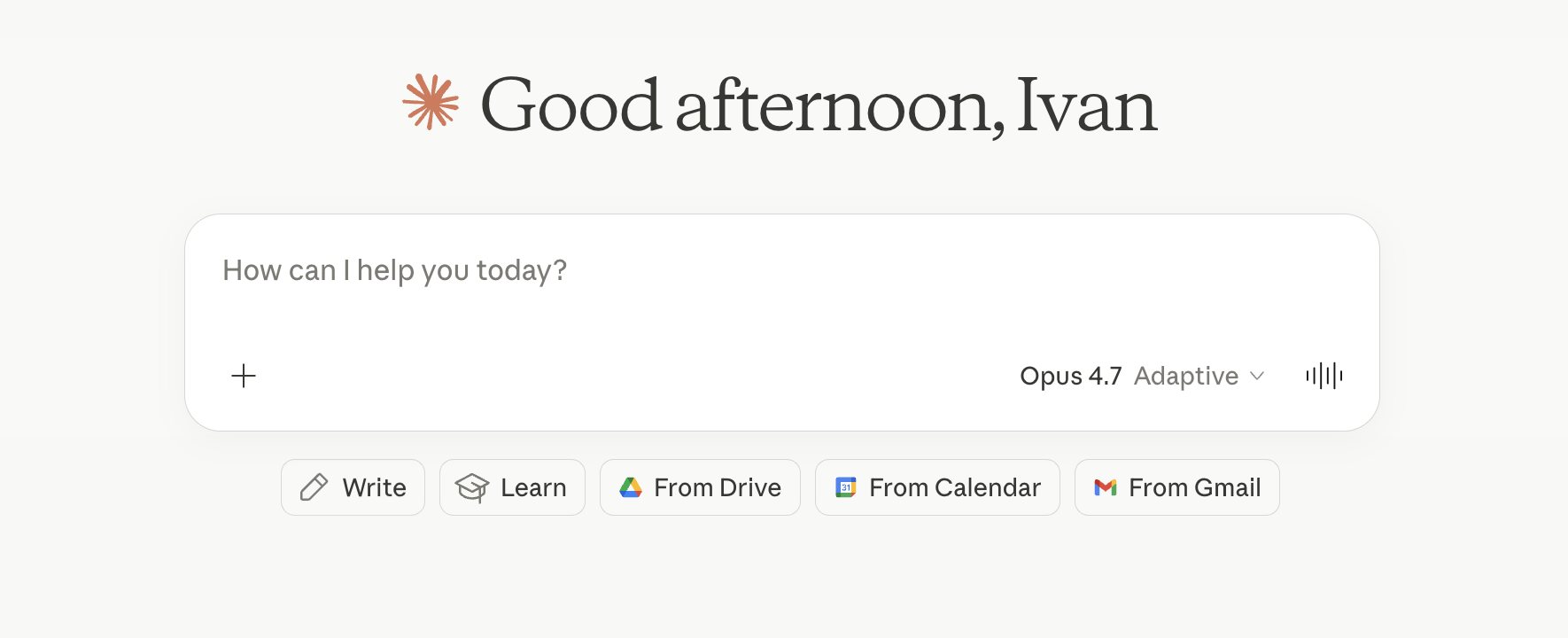 Consumer Claude.ai interface showing 'Good afternoon, Ivan' with Opus 4.7 selected.